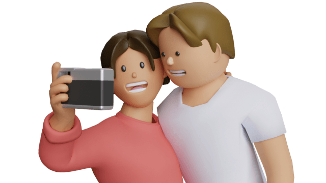 A couple taking a selfie on a polaroid camera