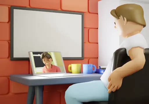 A cute 3d couple talking on the computer through a video call.