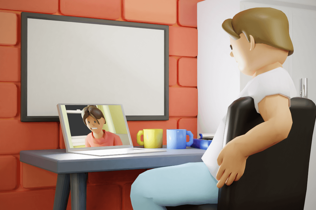 A cute 3d couple talking on the computer through a video call.