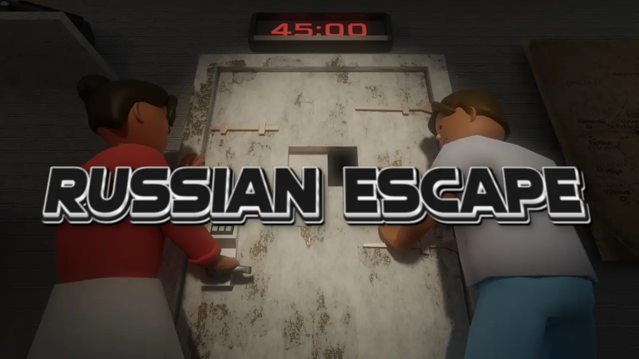 A couple in cold war styled an escape room